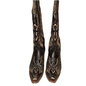 Women's Corral Boots Black & Gold w/Crosses Wings Sz 8.5 M A1967 Leather Lizard
